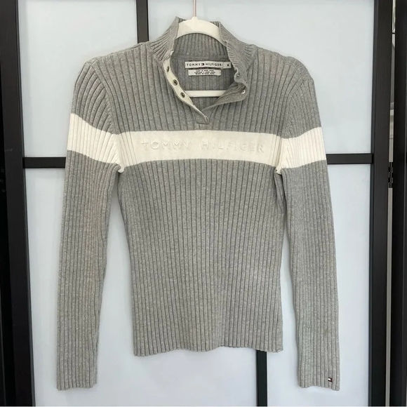 [M] y2k Tommy Hilfiger 1/2 Zip Ribbed Knit Creme & Grey Long Sleeve Top - Picture 5 of 14